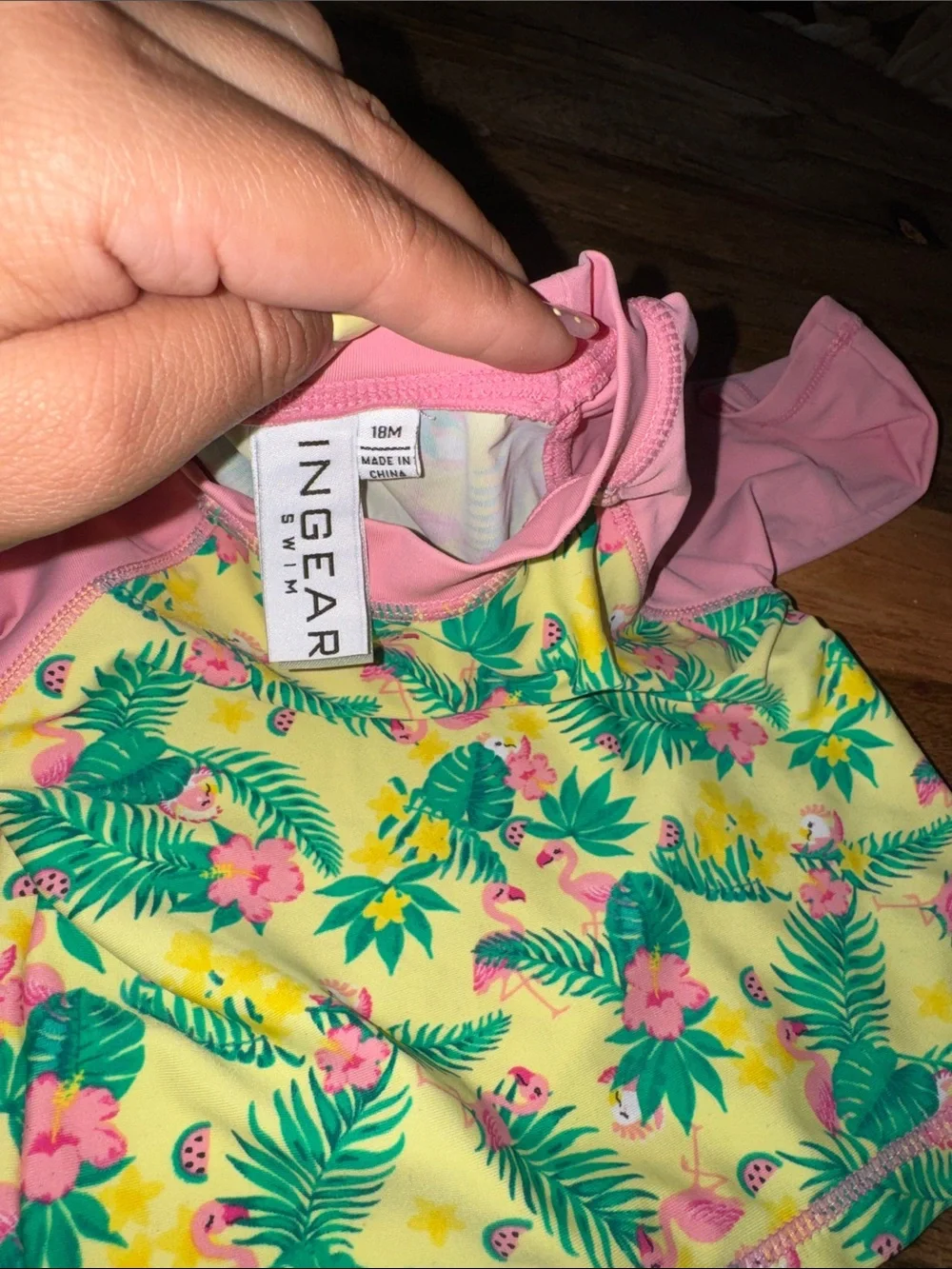Ingear Pink-Sleeve Yellow Tropical Print Rash Guard Swim Top